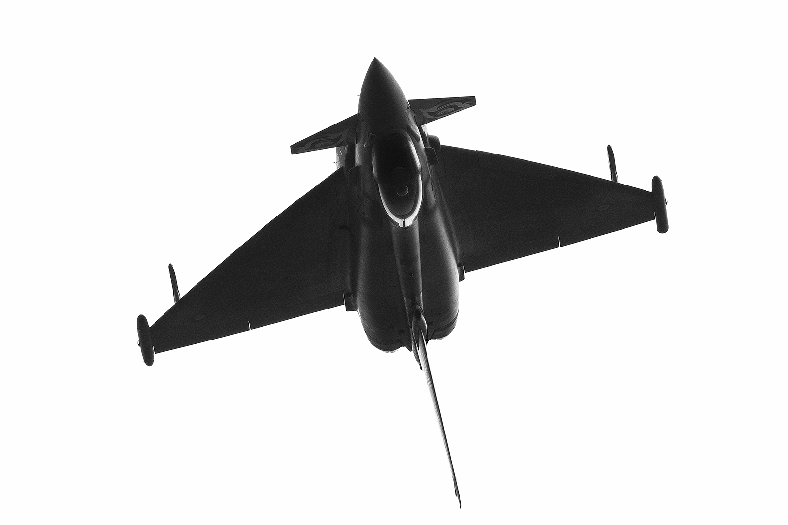 Eurofighter Typhoon en vuelo invertido (fotografía monocromática)